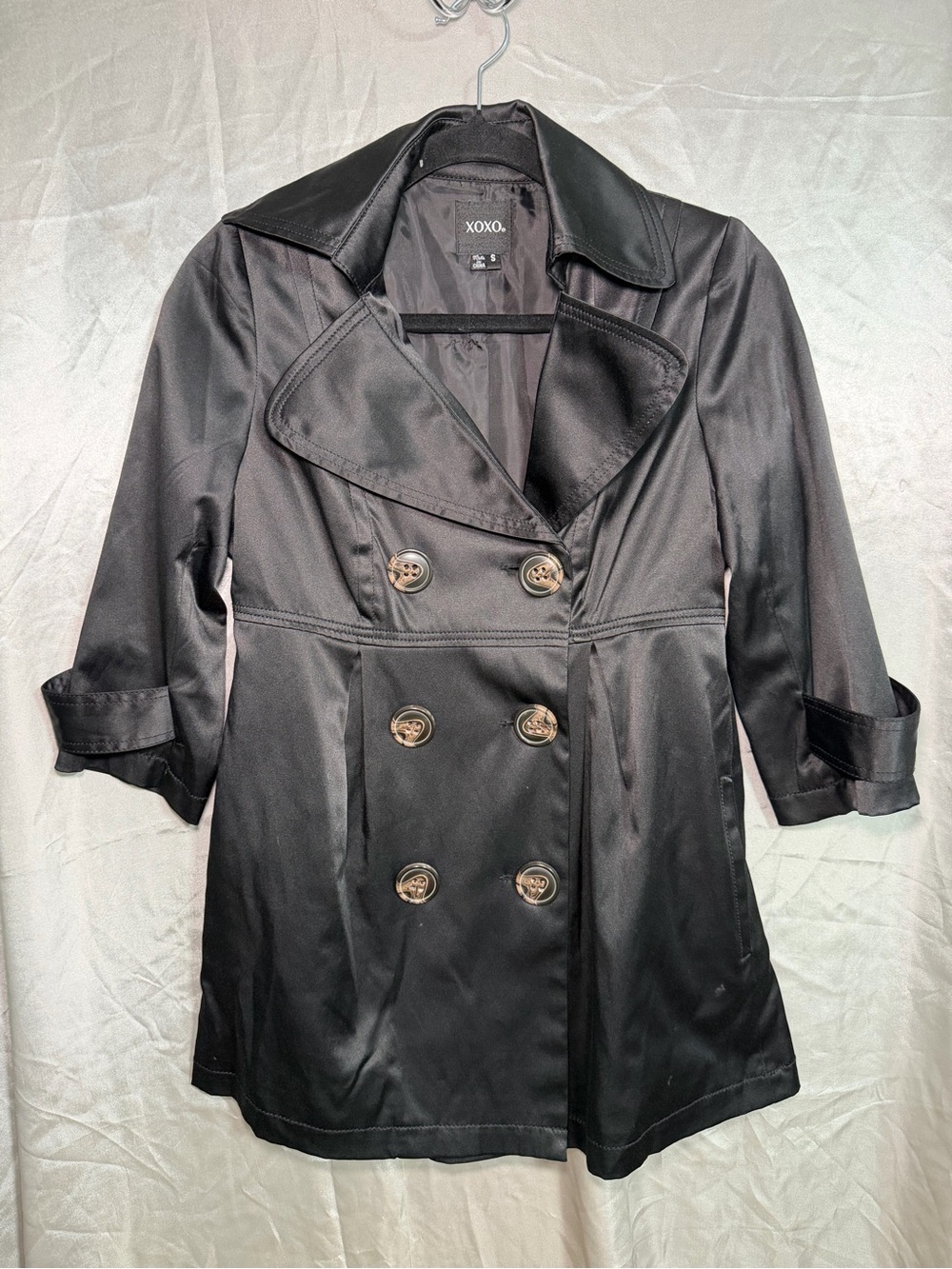 Vintage Y2K XOXO Womens Small Black Satin Trench Coat Jacket 2000s